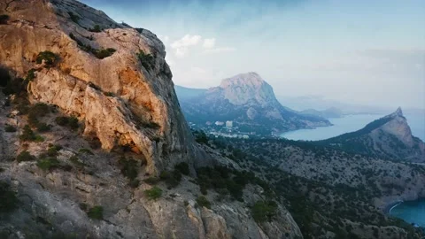 Trees growing with their roots right in the cracks of the rock, illuminated by Stock Footage 218403950