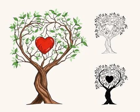 Trees intertwined in heart shape, hand-drawn illustration in vintage style Stock Illustration