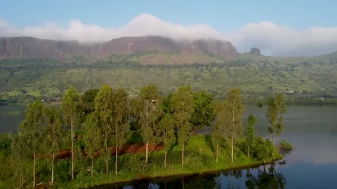 Trees On The Islet With Diffuse Reflection In The Lake, With Scenic Stock Footage 209247852