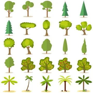 Trees, a large set of trees. Christmas tree, fruit tree, palm tree Stock Illustration