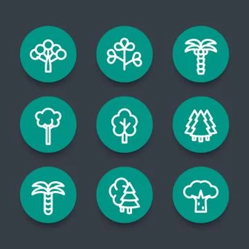 Trees linear round icons set Stock Illustration