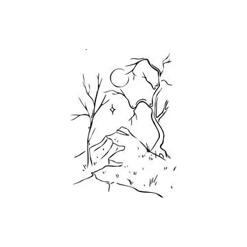 Trees, moon, mountain sketch vector illustration Stock Illustration
