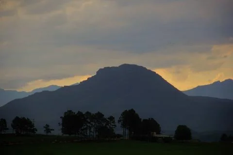 Trees Mountains Dramatic African Dusk Stock Photos
