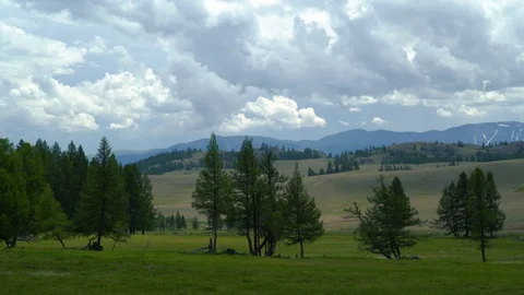Trees in the mountains at sunset. Cloudy sky Stock Footage 93155524