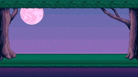 Trees at night pixel art background. Forest with moon 2d backdrop for 8-bit.. Stock Illustration