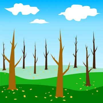 Trees no leaf on the hill bright clear sky with clouds Stock Illustration