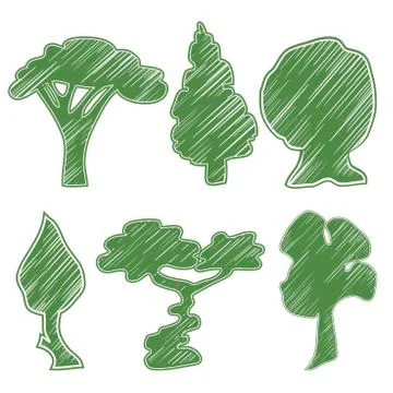 Trees, oak, pine, bush, willow, bansal, acacia, hazel symbolic icons Stock Illustration