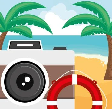 Trees palms beach scene with camera and float Stock Illustration