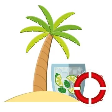 Trees palms beach scene with lemonade cocktail and float Illustrazione stock