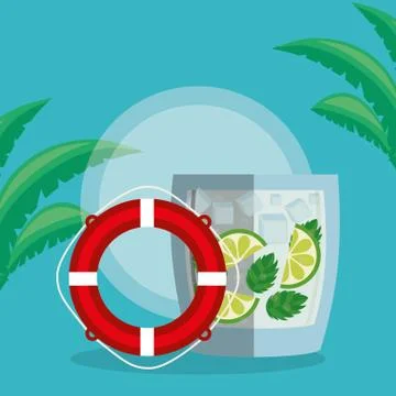 Trees palms beach scene with lemonade cocktail and float Stock Illustration