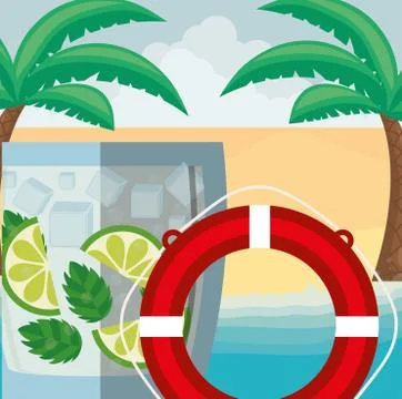 Trees palms beach scene with lemonade cocktail and float Stock Illustration
