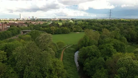 Trees in park at busy multilane road heading to downtown Video stock 155815883
