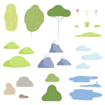 Trees, plants, flowers, mountains, clouds, lake, collection of nature landscape Stock Illustration