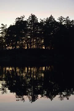 Trees reflected in still water, Wallace Island, Gulf Islands, British Columbi Stock Photos