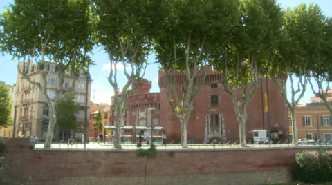 Trees by river in old town Perpignan, monumental tower Stock Footage 50516399