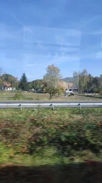 Trees road building windows reflection green nature summer autumn blue sky .. Stock Photos