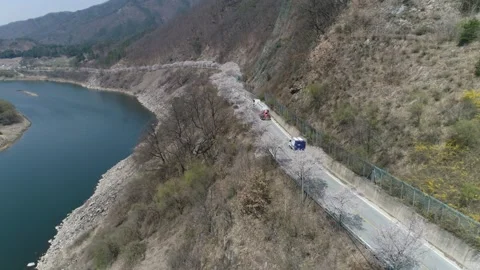Trees on the road with mountain and river, drone shot 스톡 동영상 303131315