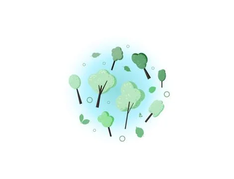 Trees round composition background. Flat green trees and leaves with decorati Stock Illustration