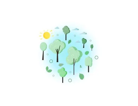 Trees round composition . Flat green trees and leaves , sun and clouds shapes Stock Illustration
