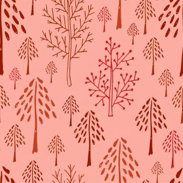 Trees seamless pattern om peach color bckground. Childish background with han Stock Illustration