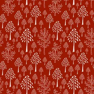 Trees seamless pattern in red colors. Scantinavian trees background. Pattern  Stock Illustration