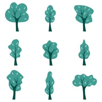 Trees, set of designer original trees isolated on a white background. Illustrazione stock