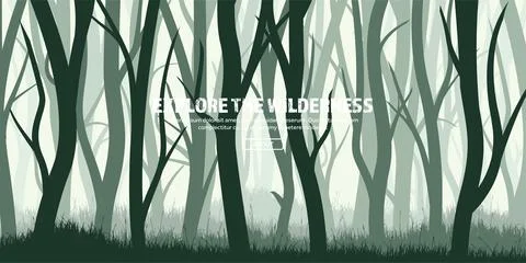 Trees set. Wild pine forest, nature background banner.Vector illustration.Dark Stock Illustration