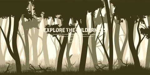 Trees set. Wild pine forest, nature background banner. Vector illustration. Dark Stock Illustration