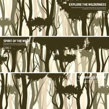 Trees set. Wild pine forest, nature background banner. Vector illustration. Dark Stock Illustration