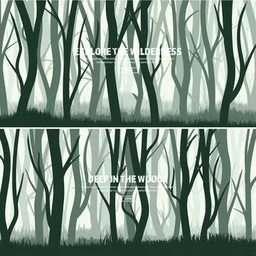 Trees set. Wild pine forest, nature background banner.Vector illustration.Dark Stock Illustration
