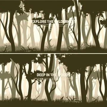 Trees set. Wild pine forest, nature background banner. Vector illustration. Dark Stock Illustration