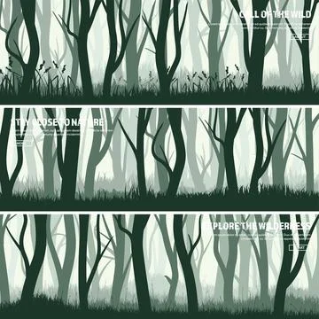 Trees set. Wild pine forest, nature background banner.Vector illustration.Dark Stock Illustration