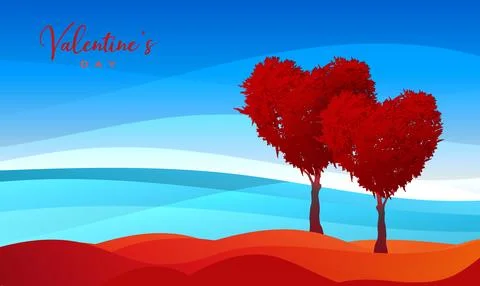 Trees in the shape of red heart, valentines day background fantasy landscape Stock Illustration
