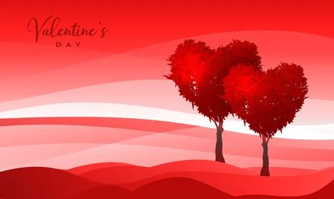 Trees in the shape of red heart, valentines day background red fantasy landscape Stock Illustration