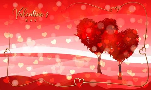 Trees in the shape of red heart, valentines day background,  fantasy landscape Stock Illustration