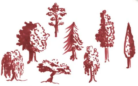 Trees sketch set, hand drawn markers illustration isolated on white background Stock Illustration