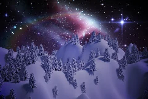 Trees on snow covered mountain with aurora borealis Stock Photos