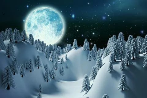 Trees on snowcapped mountain against full moon Stock Illustration