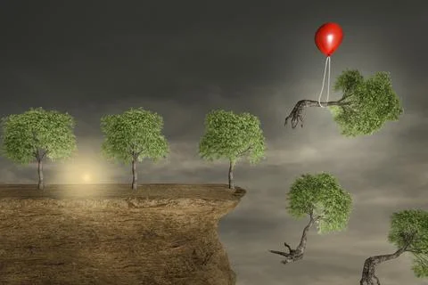 Trees on a stone cliff with a red balloon help to escape one tree from fallin 스톡 일러스트