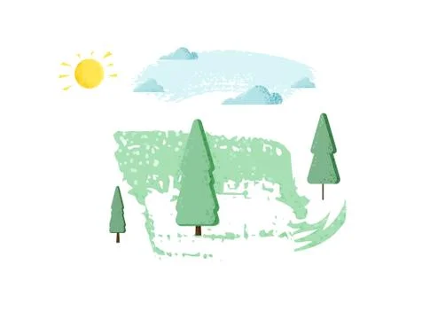 Trees with sun and clouds composition isolated on white background. Flat gree Stock Illustration