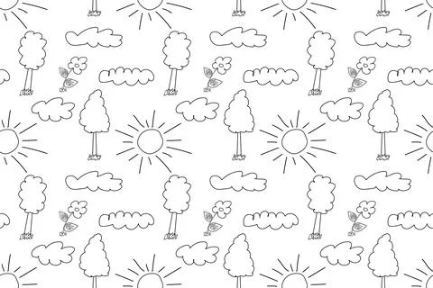 Trees, Sun, and Clouds Seamless Coloring Page Stock Illustration