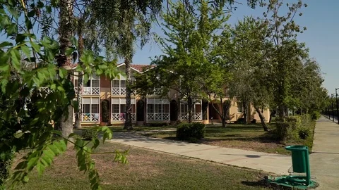 Trees swaying in the wind. Behind the trees is a yellow building. Stock-Footage 92154621