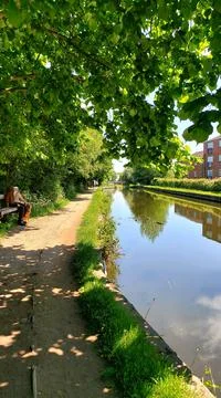 Trees throwing shade onto the towpath of a canal. Stock Photos