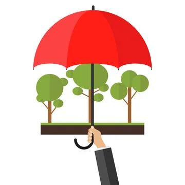 Trees under protection. A hand with an umbrella protects the forest. Stock Illustration