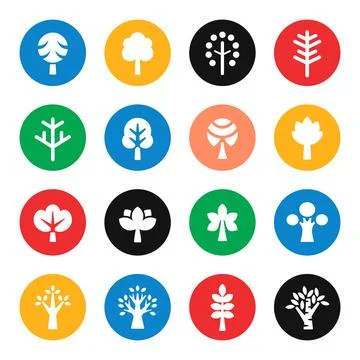 Trees vector icon set. Collection of tree designs in trendy modern colours. Stock Illustration