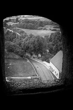 Trees viewed through from a window of a castle, altstadt-lehel, munich, bavar Foto stock