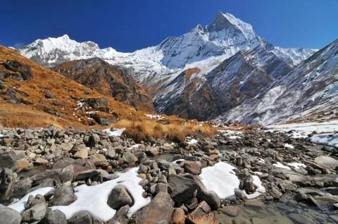 Trek to Annapurna Base Camp in Nepal Himalaya. Stock Photos