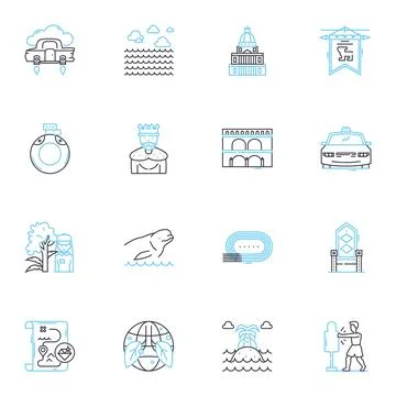 Trek linear icons set. Adventure, Exploration, Mountains, Excitement, Trekking Stock Illustration