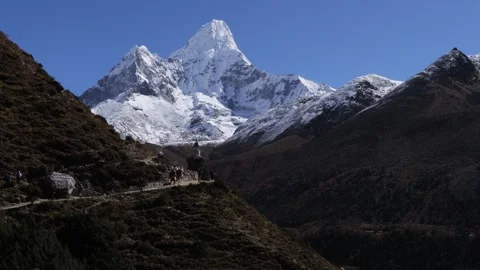 Trekkers on Everest Base Camp trail with Ama Dablam in the background, Nepal Stock Footage 334125194