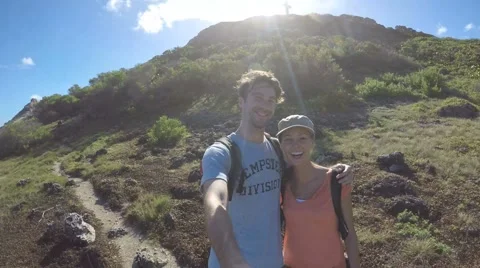 Trekkers filming themselves while walking Stock Footage 58932297